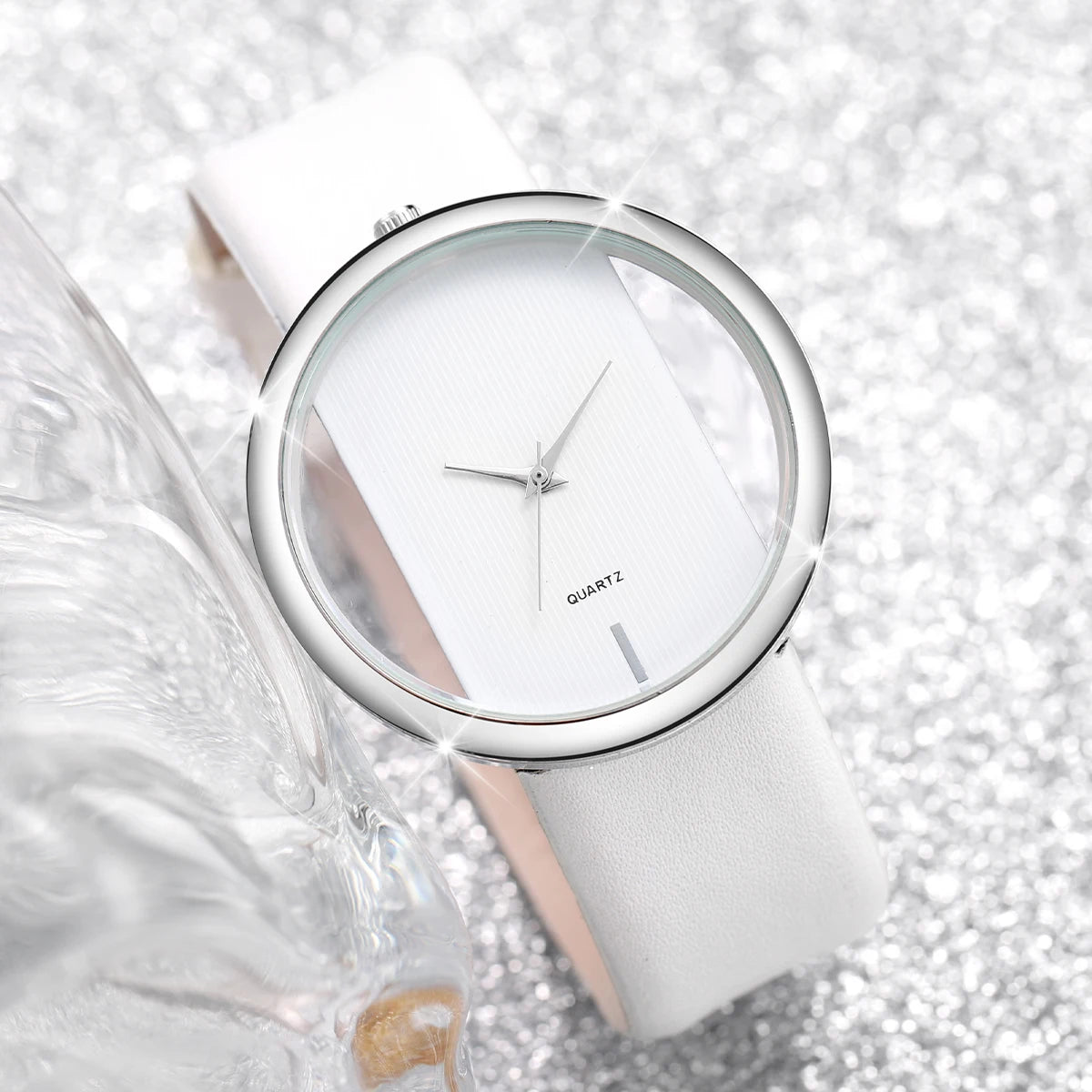 4PCS/Set Women's Fashion Watch Leather Strap Simple Couple Quartz Watch with Black White Bagua Beaded Bracelet