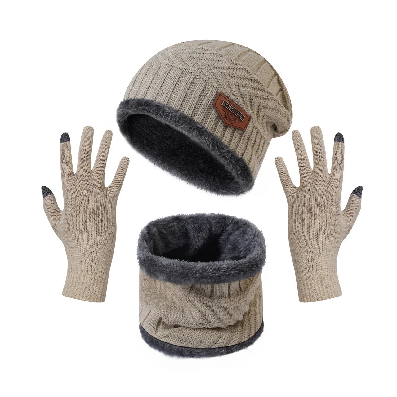 1Set Warm & Soft Winter Fleece-lined Knitted Hat, Scarves And Touch Screen Gloves 3-Piece Set ,Perfect Ear & Neck Warmer