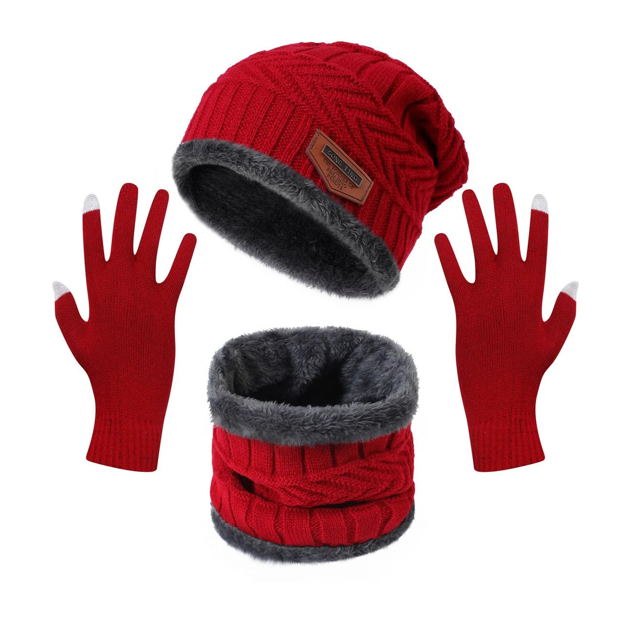 1Set Warm & Soft Winter Fleece-lined Knitted Hat, Scarves And Touch Screen Gloves 3-Piece Set ,Perfect Ear & Neck Warmer