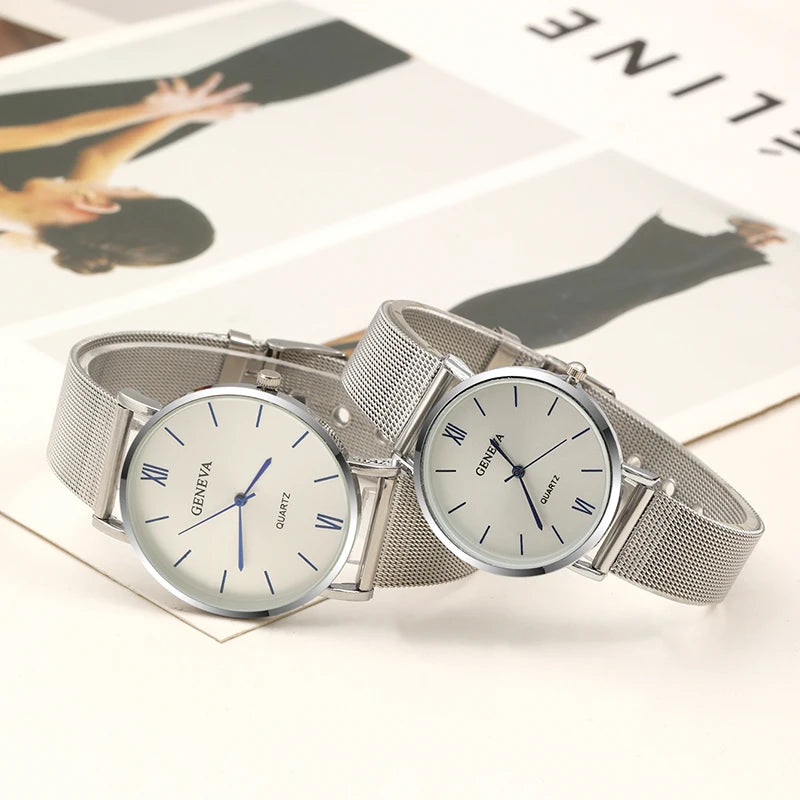 2PCS Set Couple Fashion Casual Watches Luxury Silvery Mesh Belt Wrist Watch Ladies Simple Dial Quartz Wristwatches Dress Clock
