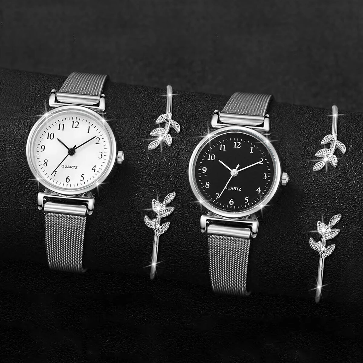 4PCS/Set Women's Watches Fashion Small Quartz Watch Casual Silver Band Wristwatches Bracelets（Without Box）