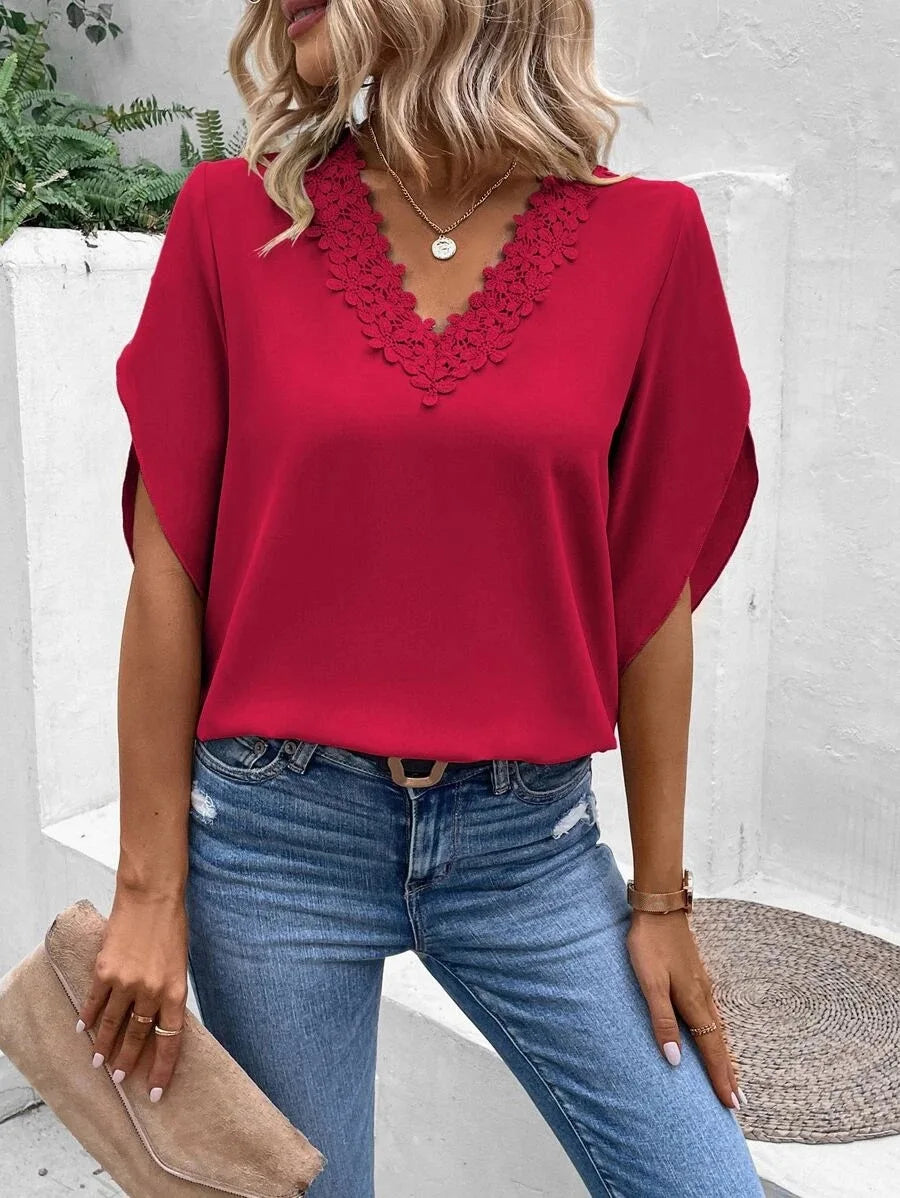 Women's Summer Solid Color Flared Sleeve Loose Shirt Top Office Lady Casual Lace Splicing V Neck Half Sleeves Pullover Blouse