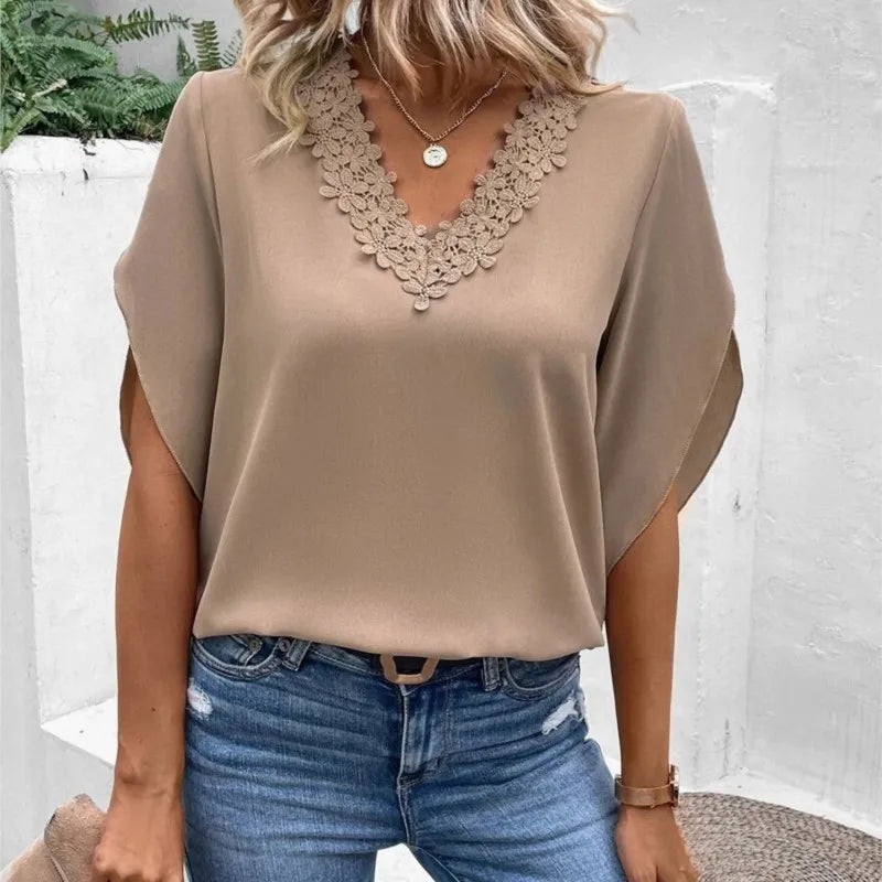 Women's Summer Solid Color Flared Sleeve Loose Shirt Top Office Lady Casual Lace Splicing V Neck Half Sleeves Pullover Blouse