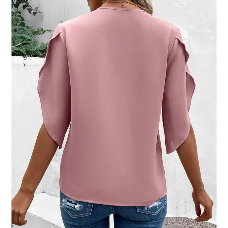 Women's Summer Solid Color Flared Sleeve Loose Shirt Top Office Lady Casual Lace Splicing V Neck Half Sleeves Pullover Blouse
