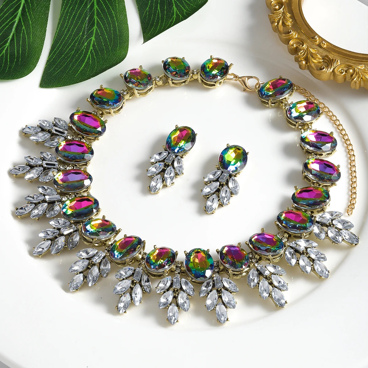 Best Lady Geometric Rhinestone Necklace & Short Glass Earrings Stitching Decorative Neck Chain Dress Jewelry Set
