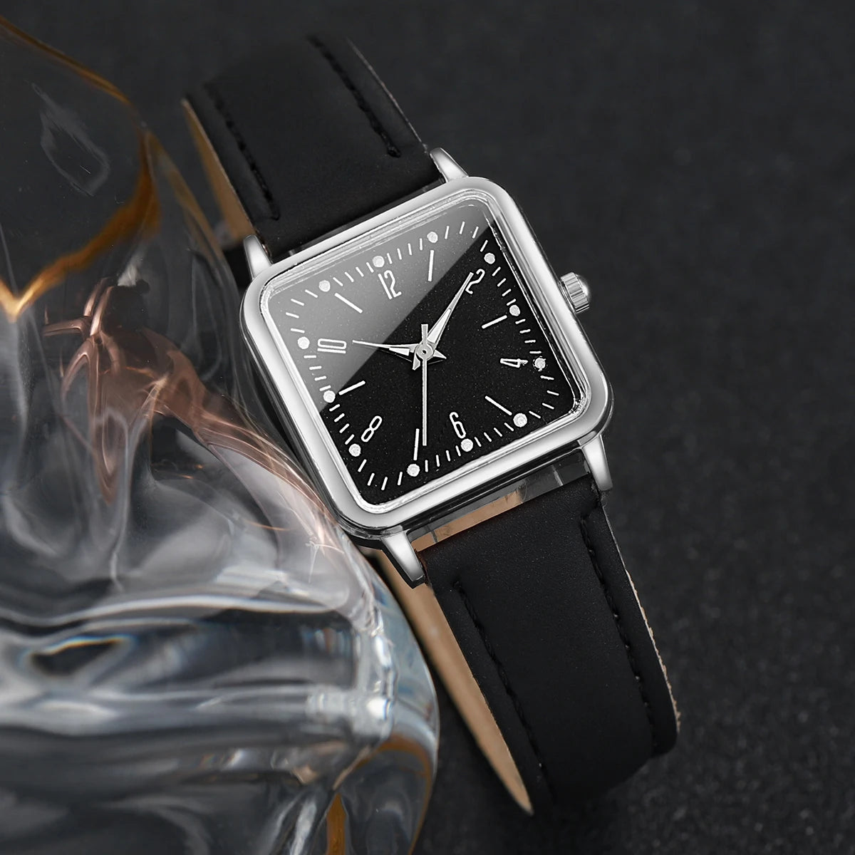 2PCS/Set Women's Fashion Watch Simple Square Dial Leather Watch