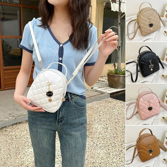 Casual PU Leather Shoulder Bags Grids High-capacity Small Backpack Multi-function Rucksack Women Girls