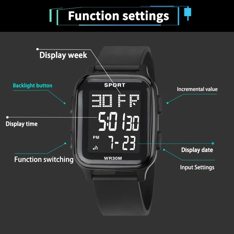 YIKAZE Sports Watch for Men Waterproof Multifunction Electronic Watch Ultra-thin Men's LED Digital Wristwatch for Man Student